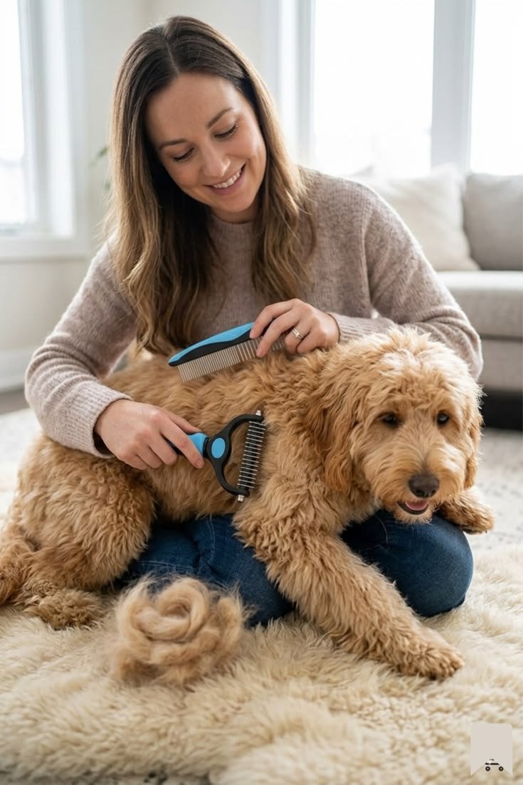 Owner brushing their doodle behind the ears